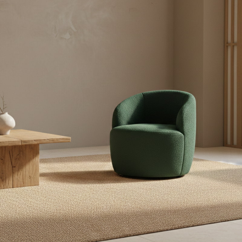 Green boucle swivel chair in a minimalistic room with a textured wall and stone sculpture.