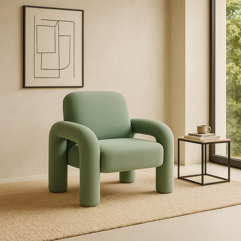 Green fluffy chair in a modern room with a side table and abstract art on the wall.