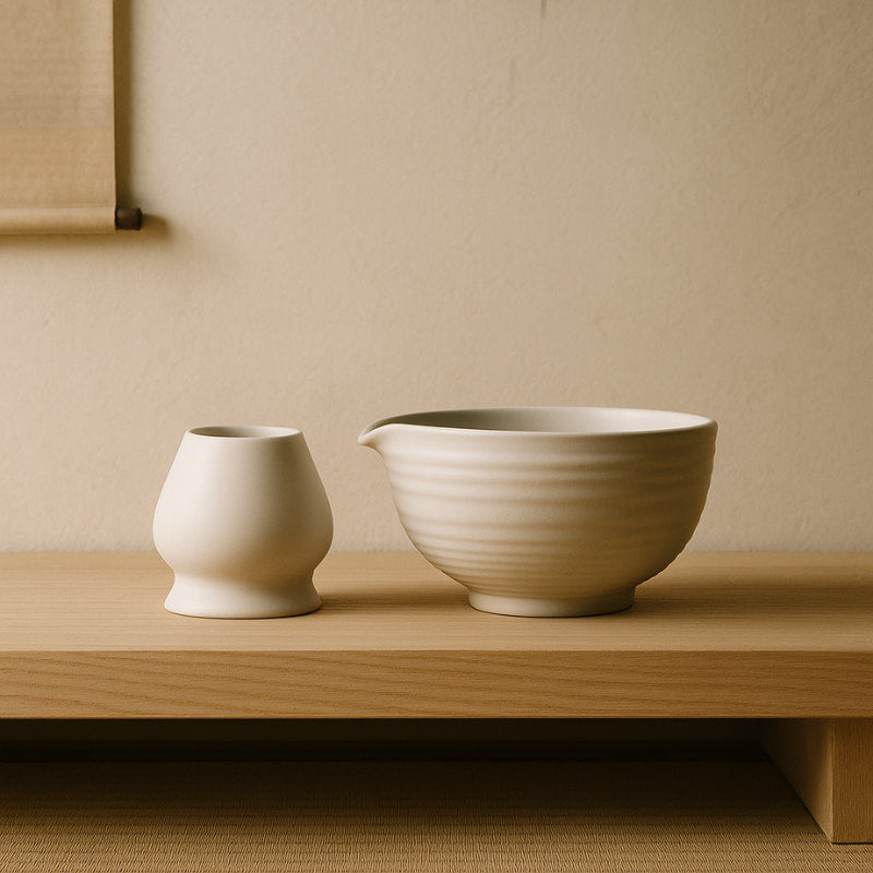Two ceramic green tea for benefits bowls on a wooden surface with a neutral background