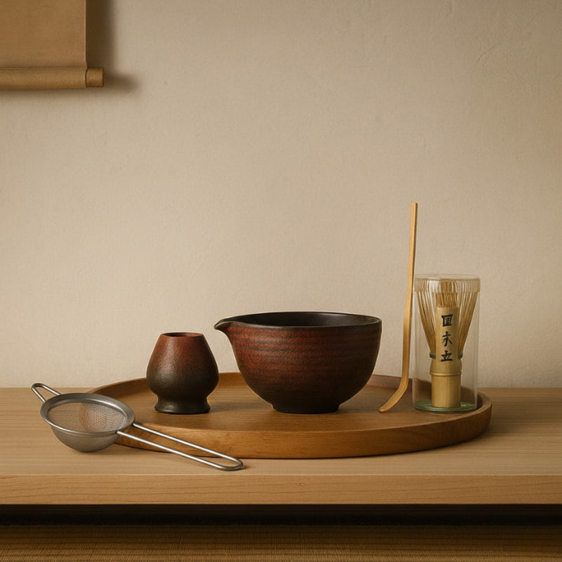 Set of green tea making tools including a bowl, whisk, and other accessories on a wooden surface.