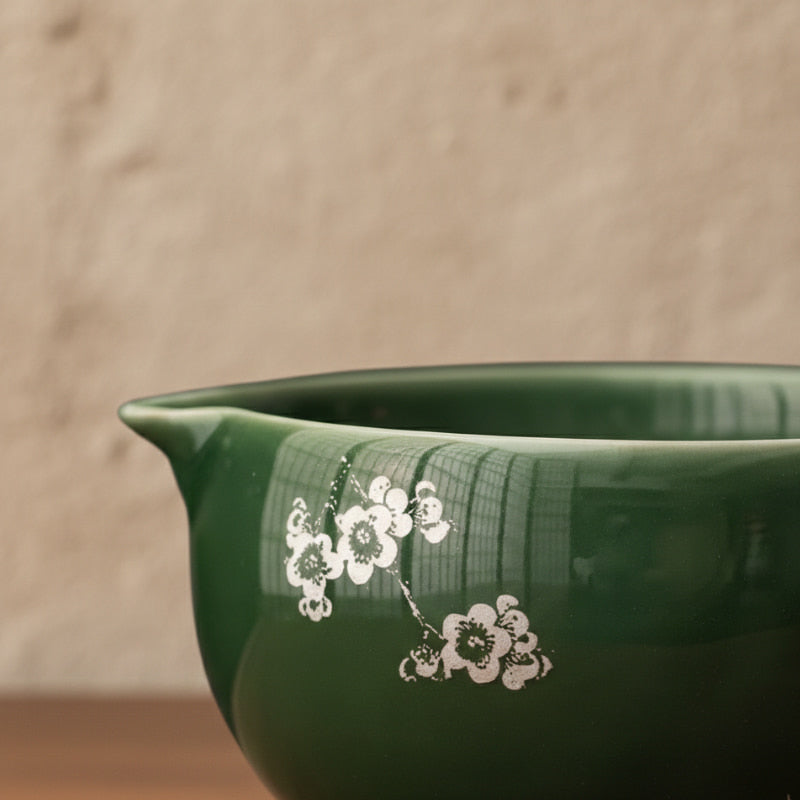 green tea leaves matcha with white floral patterns on a beige background