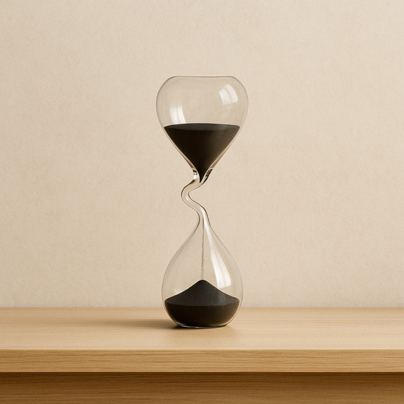 Hourglass shape with sand running down on a wooden surface and beige background