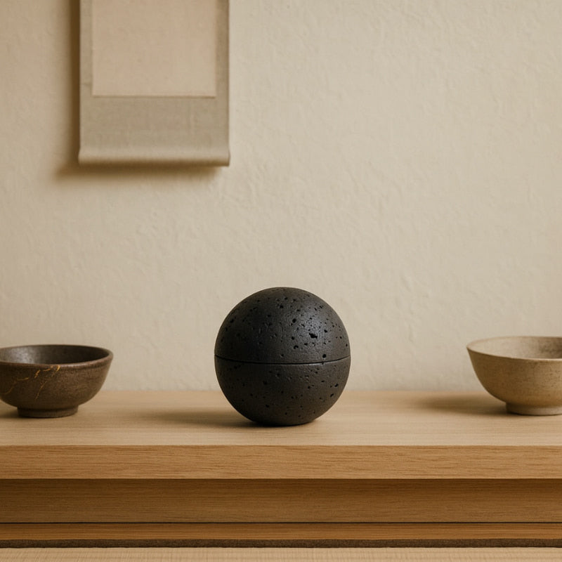 incense stone burner on a wooden table in a wabi sabi living room style.