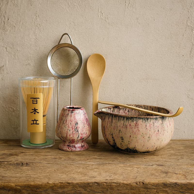 Set of japan matcha ceremonial tea-making tools on a wooden surface with a neutral background