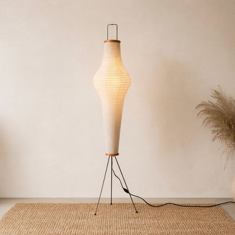 Floor japandi lighting living room with woven design in a minimalistic room.
