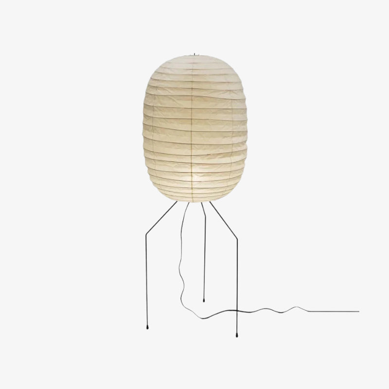 japandi wabi-sabi interior design floor lamp with a beige woven shade on a white background