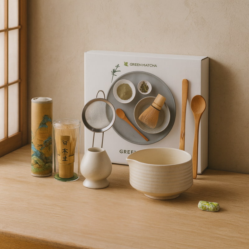 Japanese matcha set with white bowl, wooden spoons, and matcha container on a wooden table.