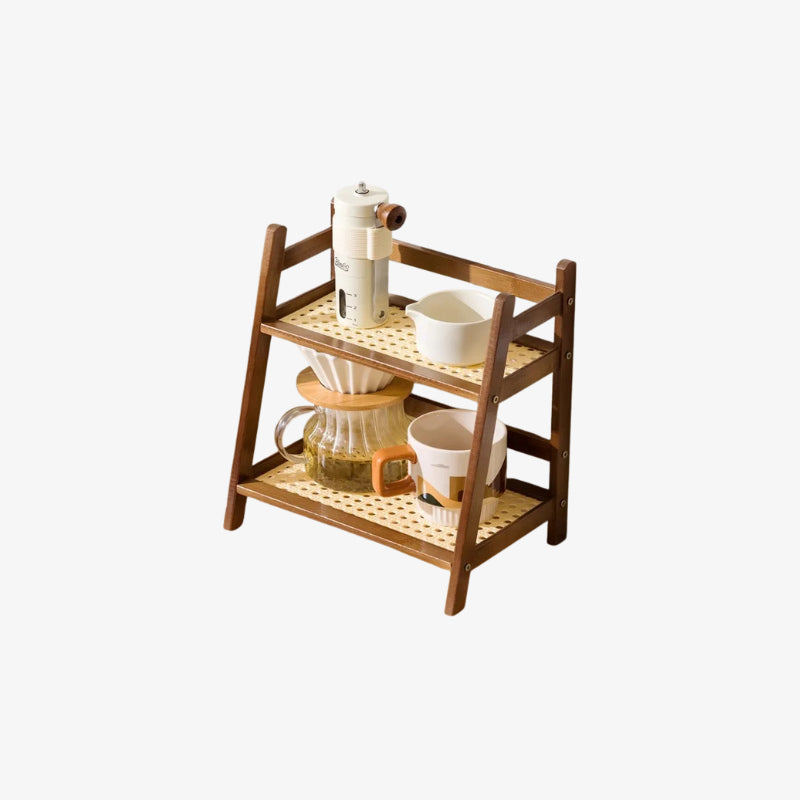 Wooden kitchen organization decor rack with various items on a white background