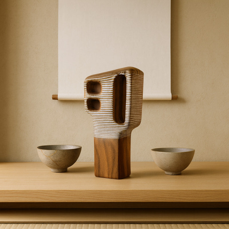 kodama of the east tree with two ceramic bowls on a wooden surface against a beige wall.