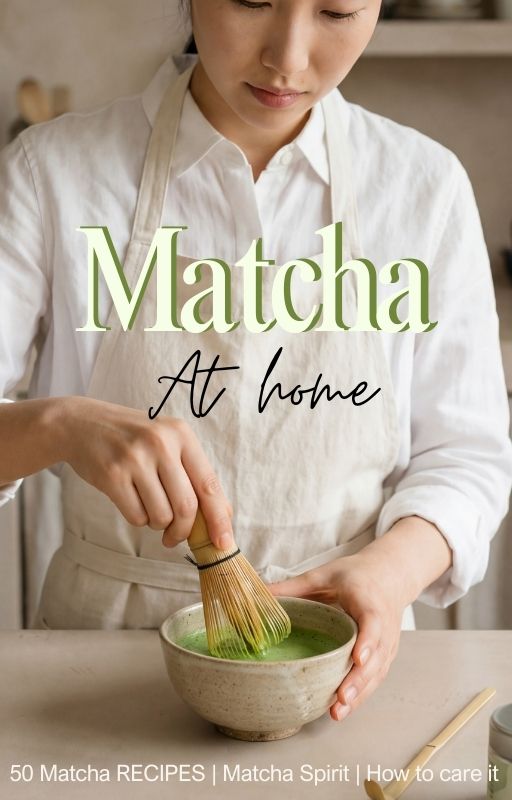 Person making matcha in a bowl with the text 'Matcha At home' and recipe information.