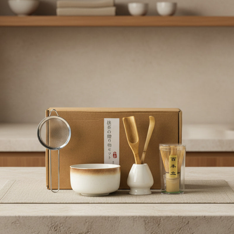 making tea gift set with a box on a wooden surface