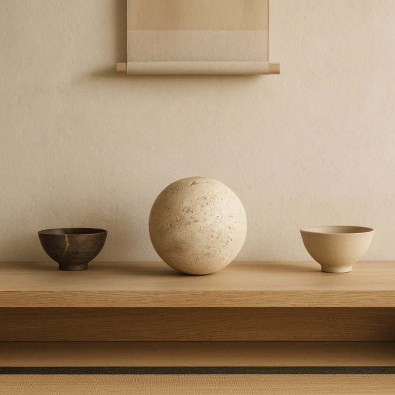 marble round stone on a wooden shelf against a beige wall with a scroll.