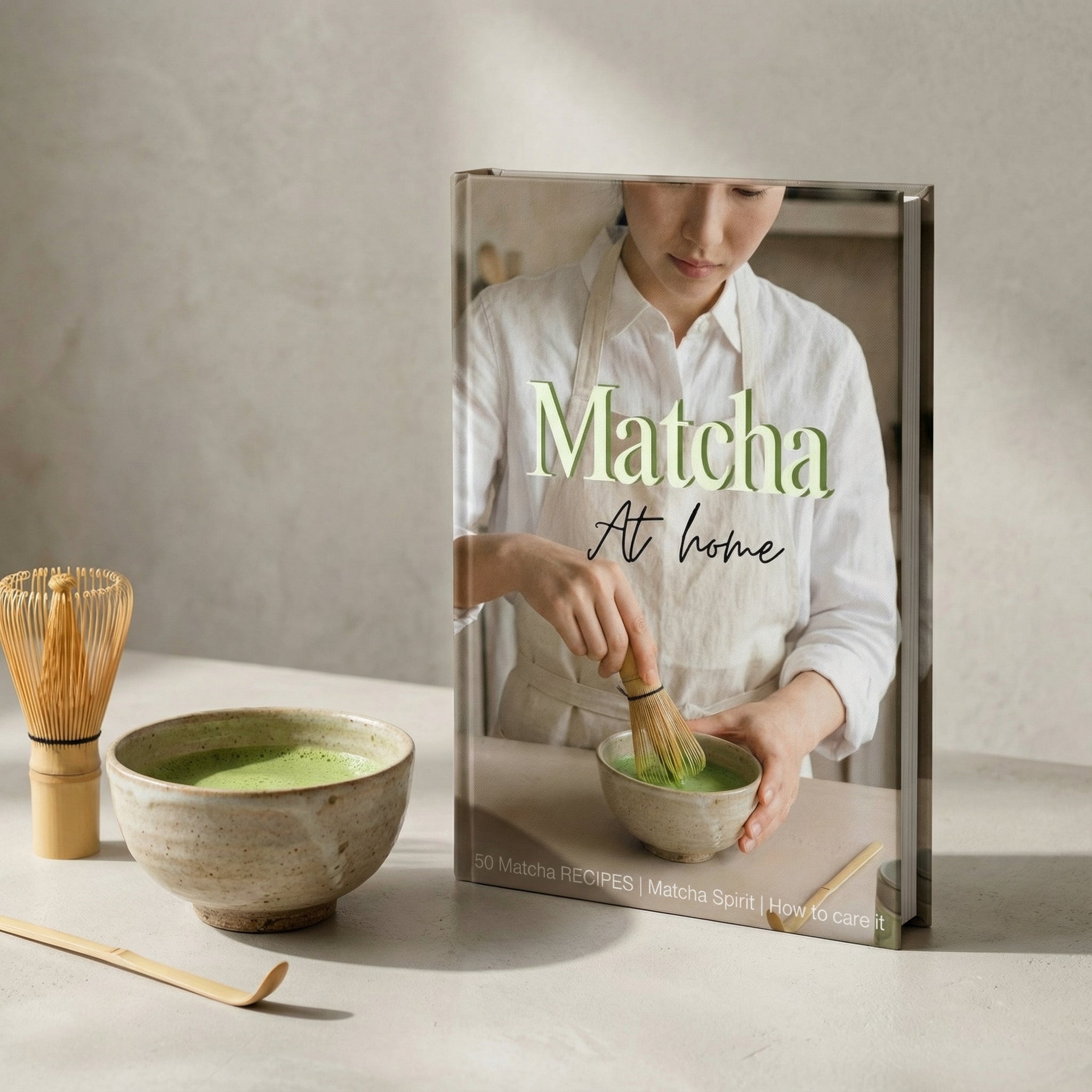Book titled 'Matcha At home' with a person making matcha on the cover, placed on a table with matcha bowls and tools.