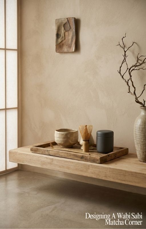 Minimalist interior matcha corner with a wooden shelf holding tea-making items against a beige wall.