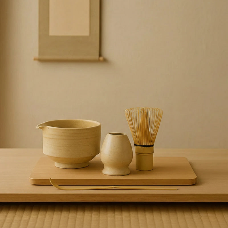 matcha making set with tools on a wooden surface with a neutral background