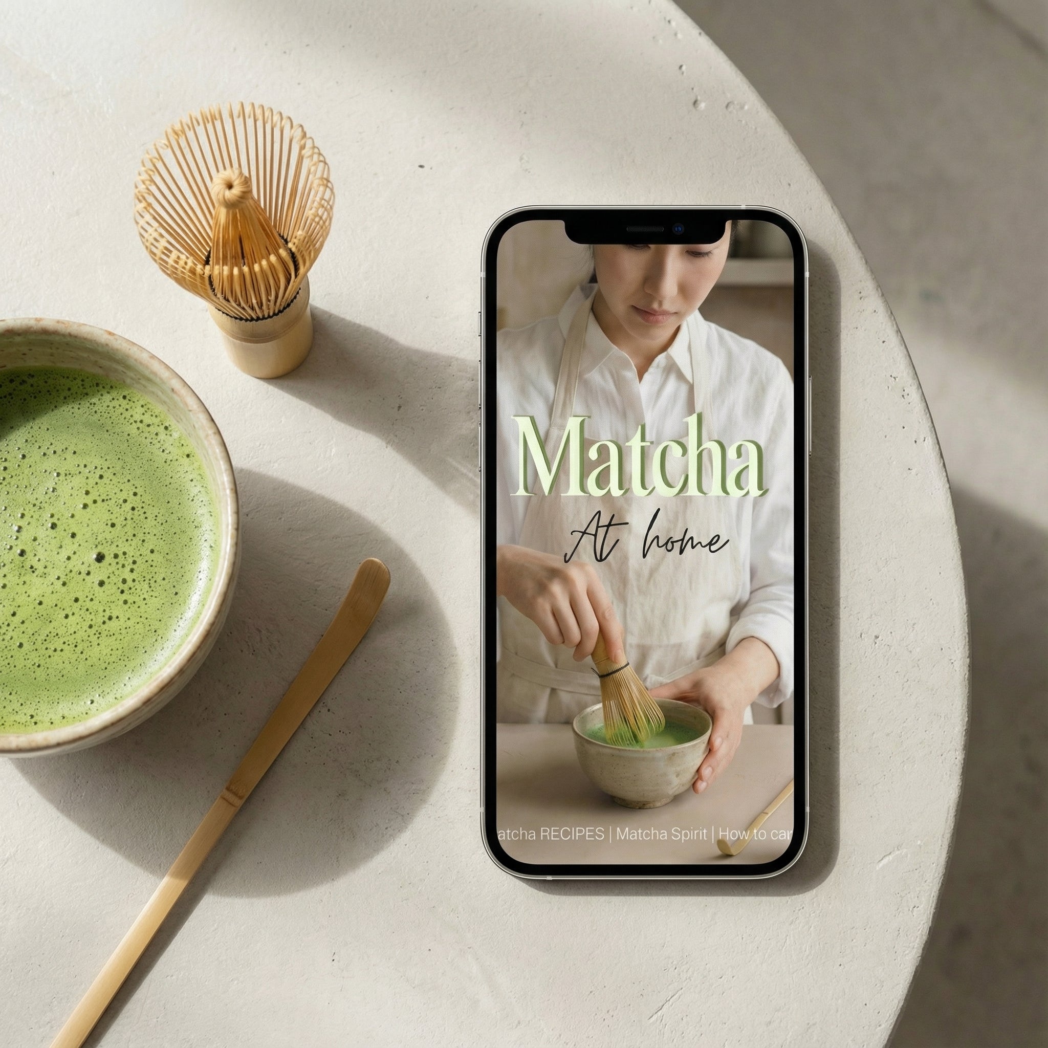 Phone displaying a matcha powder recipe book with a bowl of matcha and whisk on a table.