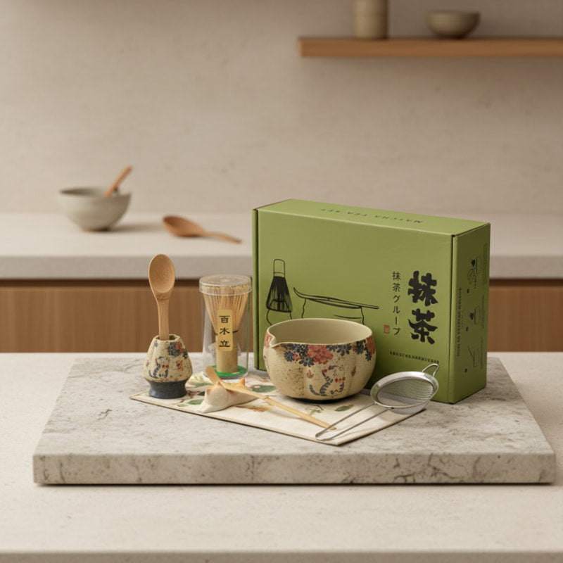 matcha set cat with a green box on a white background