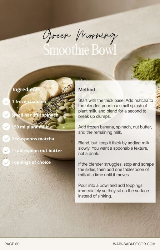 Matcha smoothie bowl with ingredients and preparation method on a neutral background