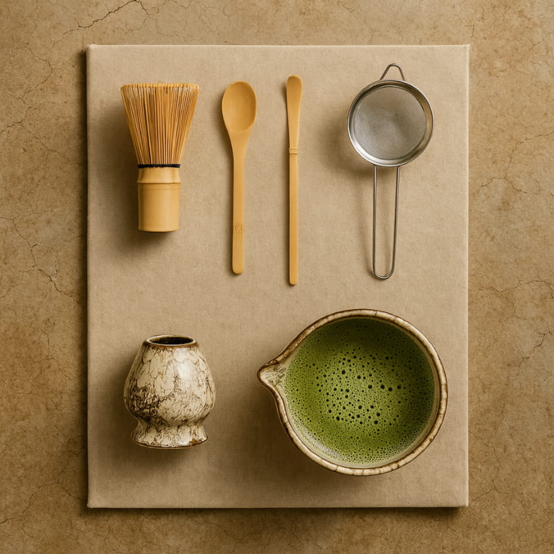 matcha tea ceremony set including a whisk, spoon, and bowl on a beige surface.