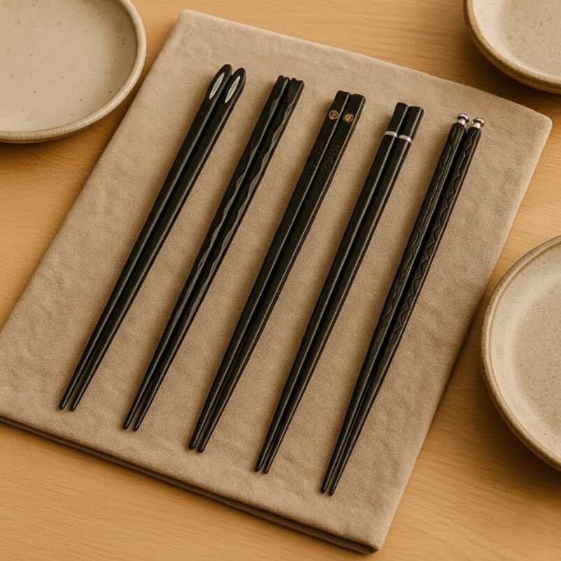 Black metal chopstick set on a beige napkin with ceramic plates in the background.