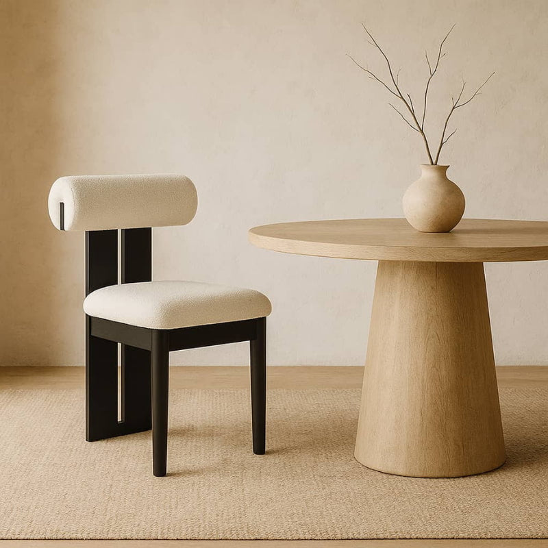 minimalistic wooden modern chair with black frame and white cushion next to a wooden table.