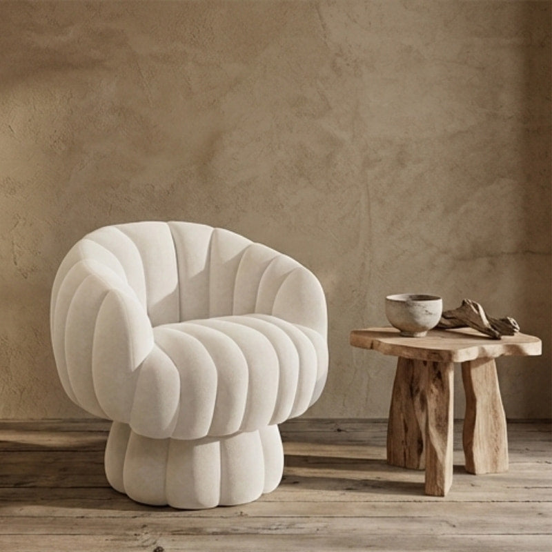 Modern chair lounge white in a room with a textured wall and wooden floor.