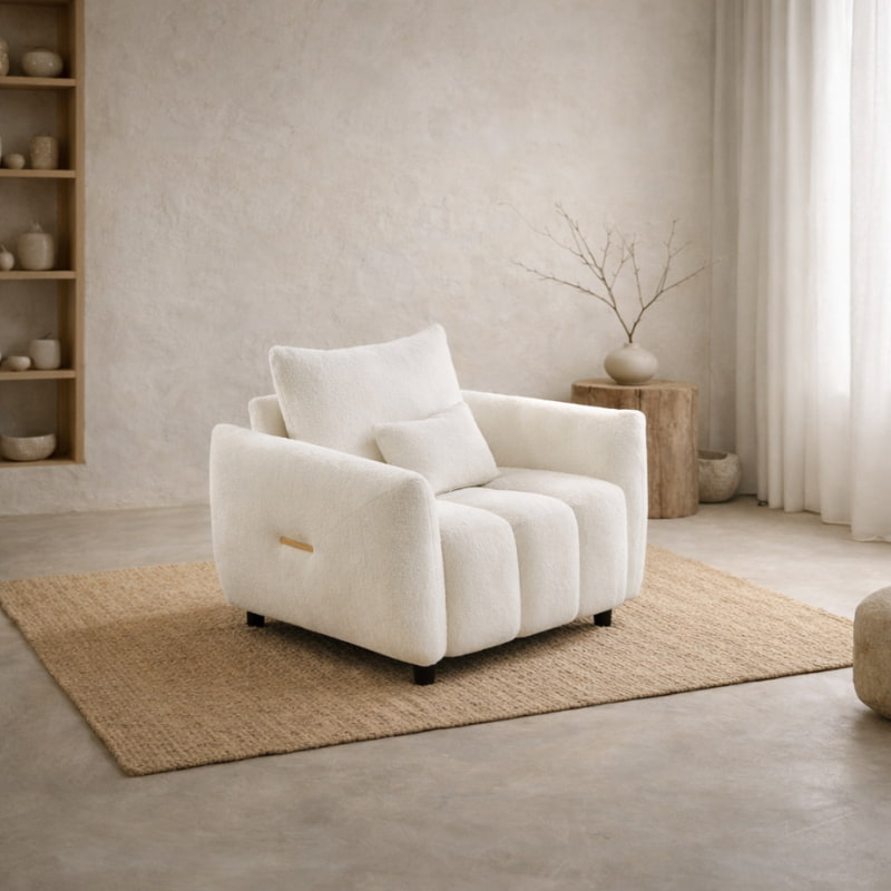 Whitemodern comfy armchair in a modern living room with neutral decor