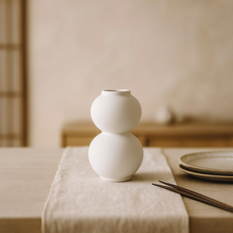 Modern flower vase design on a table with a neutral background