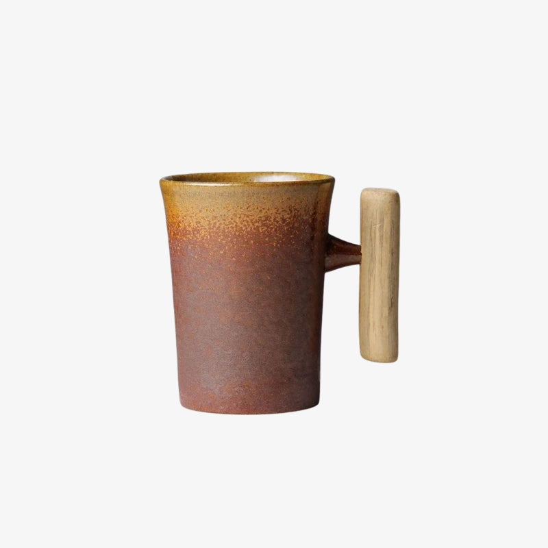 Modern latte mugs with wooden handle on a white background