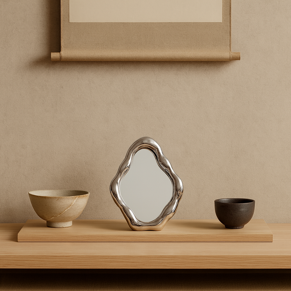modern mirror design with two ceramic bowls on a wooden surface against a beige wall.