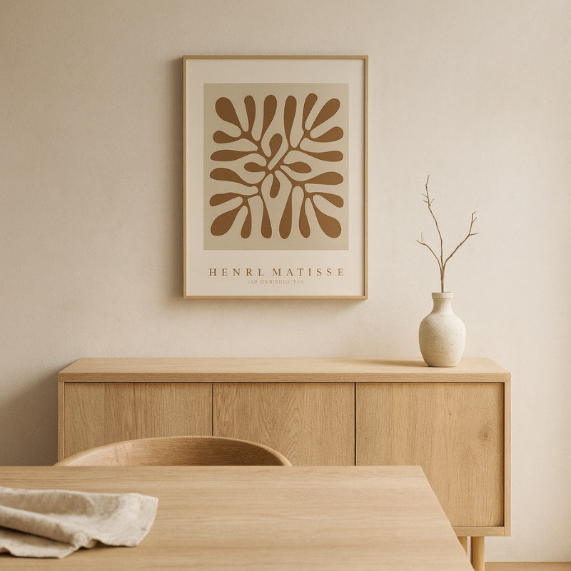 Modern interior with wooden furniture, modern poster print, and a vase.