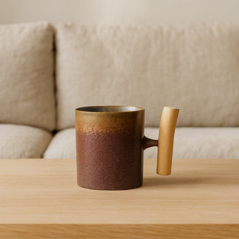 Modern tea cup with a wooden handle on a wooden table, blurred beige sofa in the background