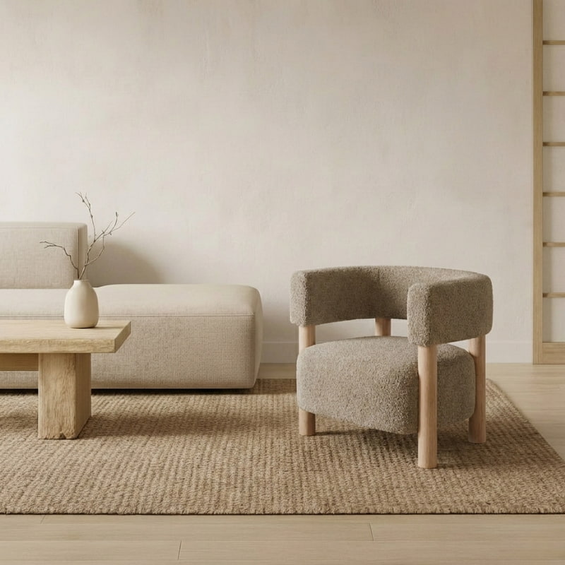 modern wood frame chair and sofa set in a minimalistic room with a wooden coffee table and woven rug.