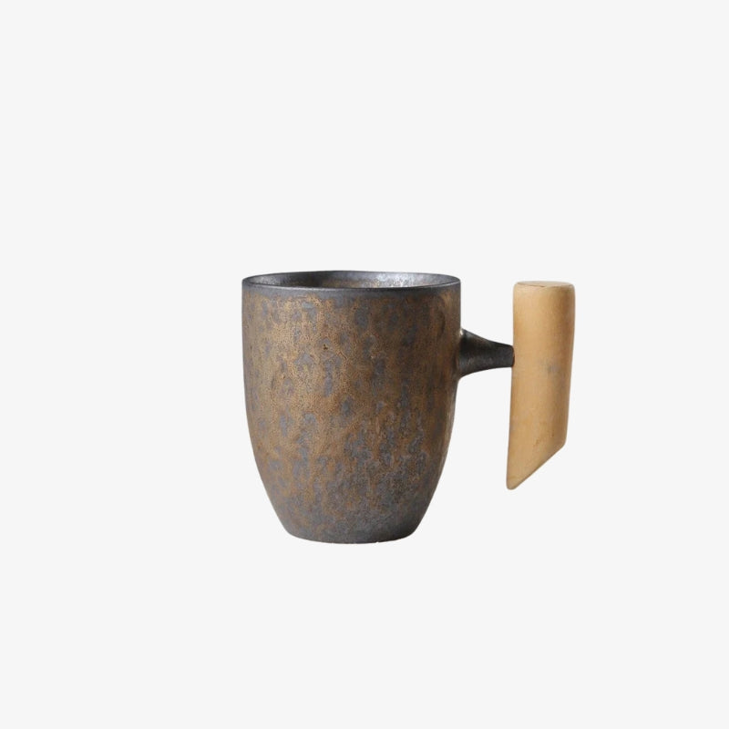 Rustic mug modern with a wooden handle on a white background