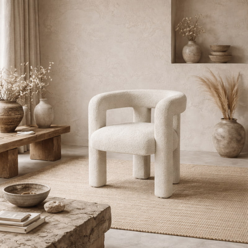 Beige nordic modern dining chair in a room with wooden tables and decorative vases.