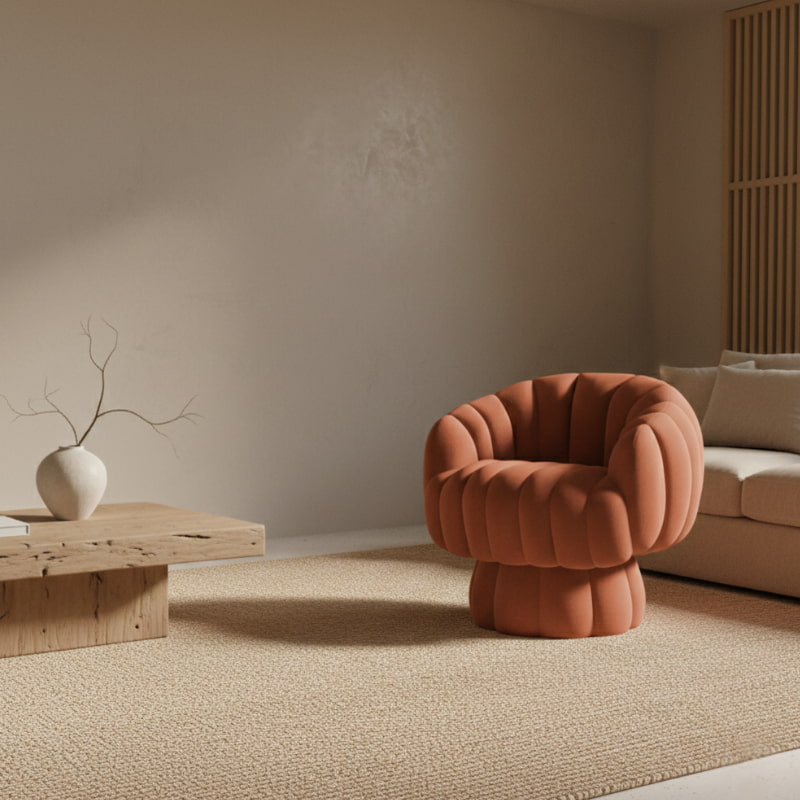 orange velvet swivel chair with a textured wall and wooden floor.