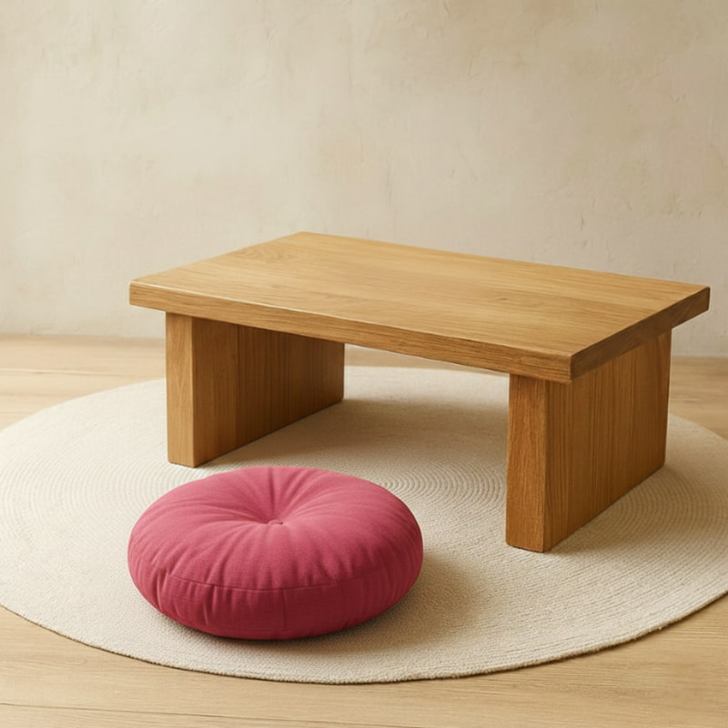 Wooden low table with a pink patio cushion on a beige rug