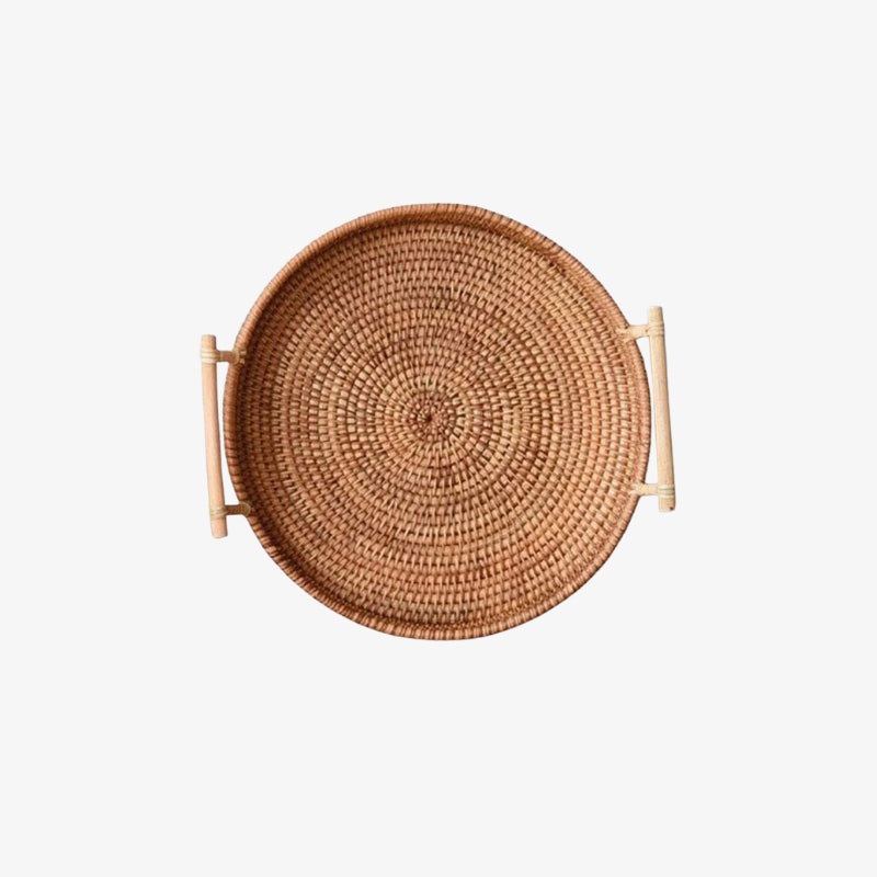 rattan coffee table tray with handles on a white background