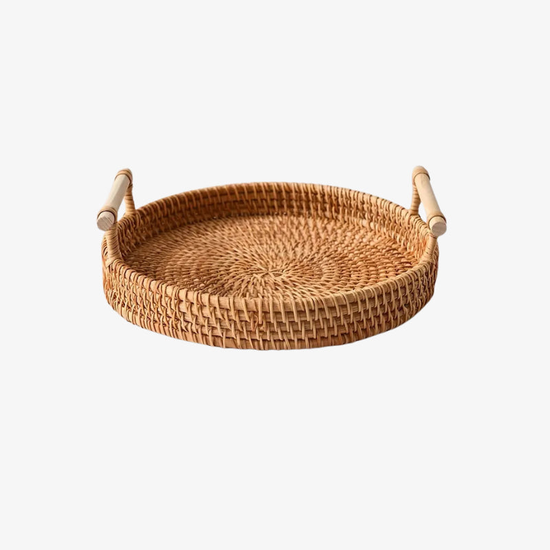 rattan serving tray round with wooden handles on a white background