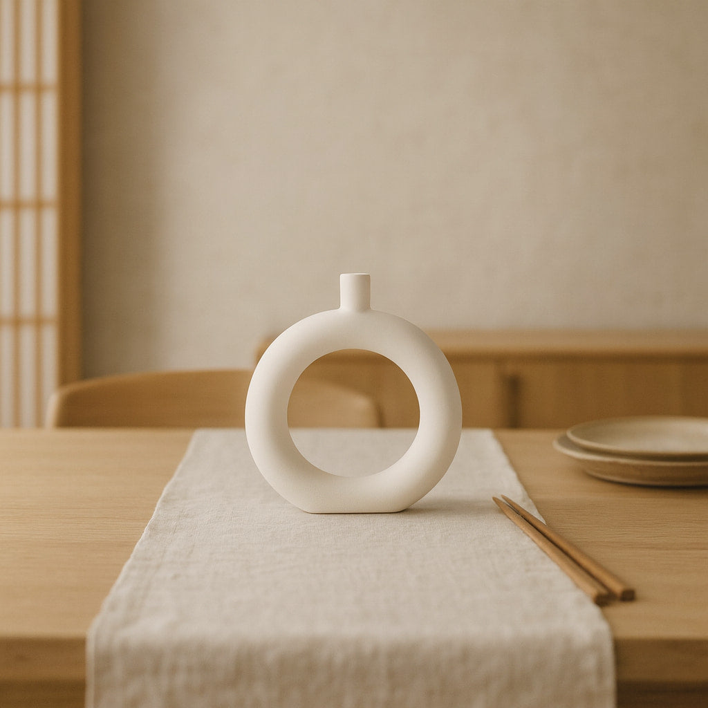 Whiteround ceramic vase on a table with a beige runner and plates in the background
