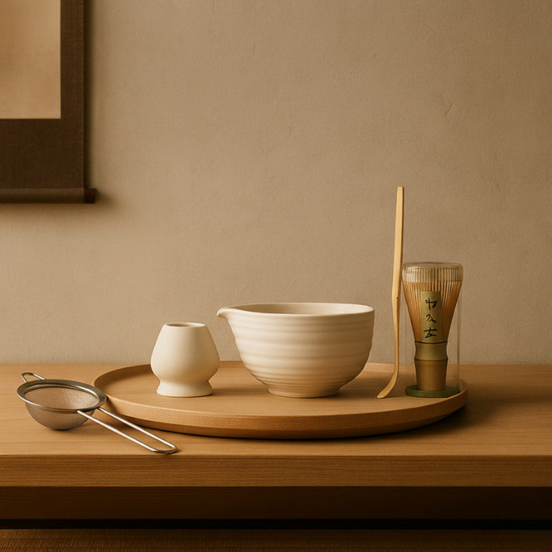 Set for matcha with a bowl, whisk, and other tools on a wooden tray against a beige wall.