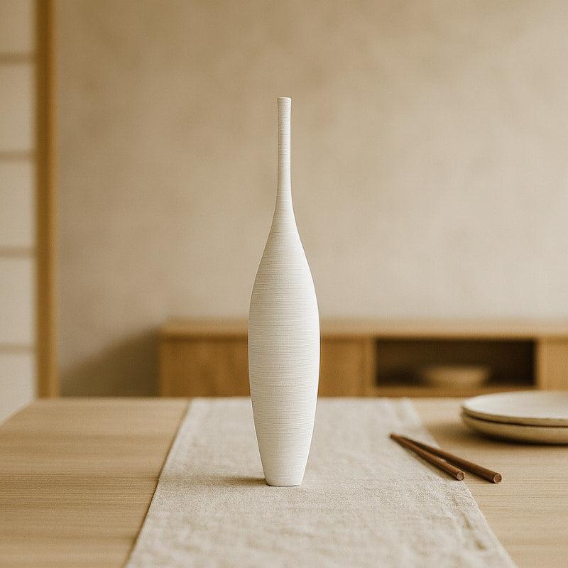 White slim vase on a wooden table with a neutral background