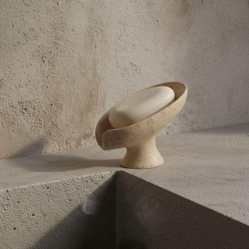 Modern soap holder design on a textured surface with a neutral background
