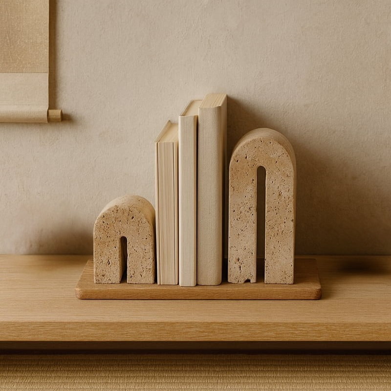 stone book holder and books on a wooden shelf with a neutral background