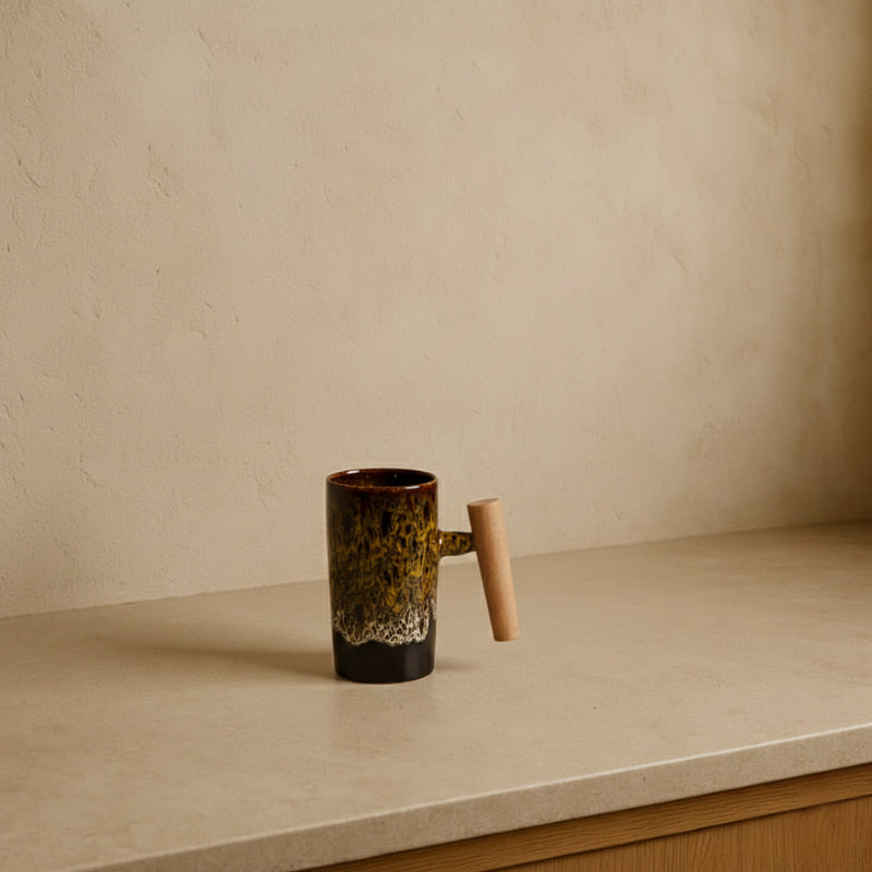 Sublimate ceramic mug in a wabi sabi kitchen.