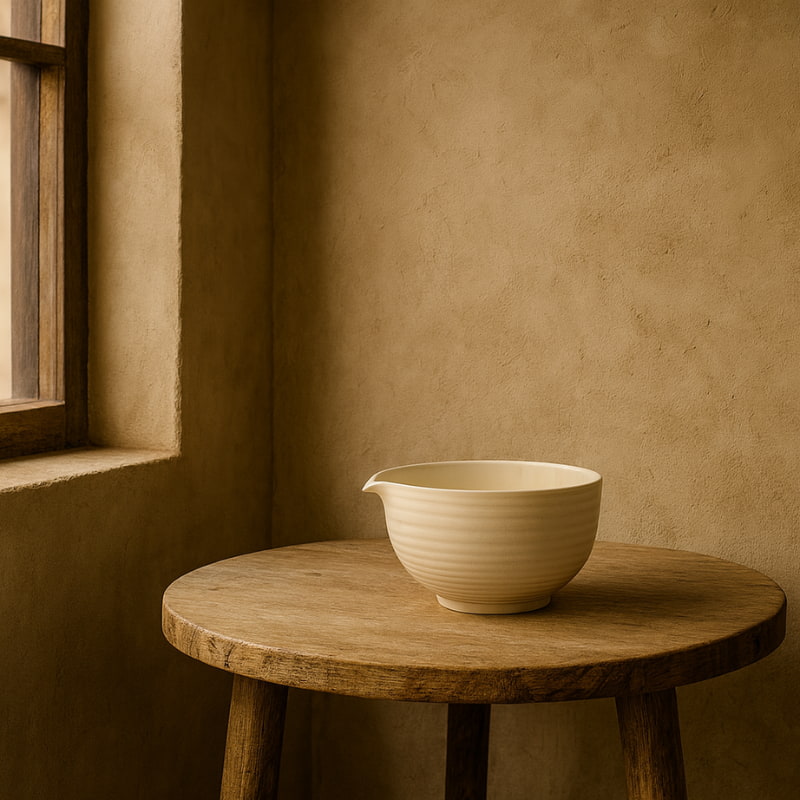 Tea bowl design on a wooden table in a warm-toned room with a window.