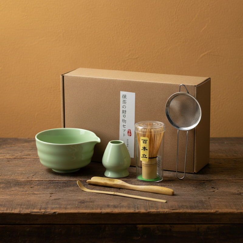traditional japanese bowl set with green bowls, a box, and tea accessories on a wooden table.