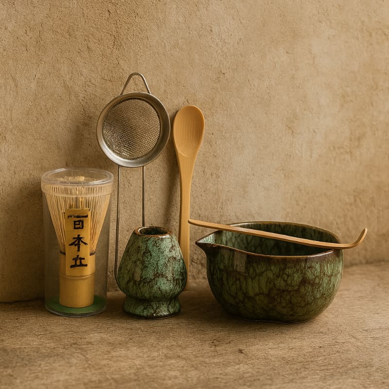 traditional matcha tea ceremony set on a textured surface.