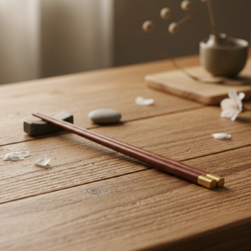vintage carved wooden chopsticks with gold tips on a white background