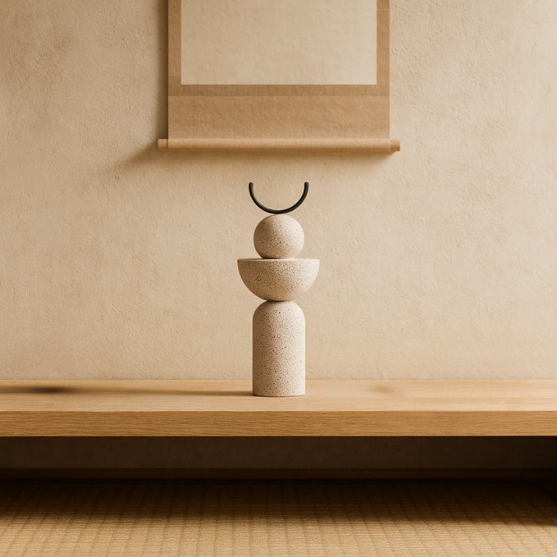 wabi sabi abstract art on a wooden shelf with a neutral background